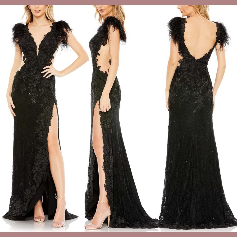 NWT $698 Mac Duggal [  6 ] 67782 Feather Cap Sleeve Lace Gown Black Maxi Wedding